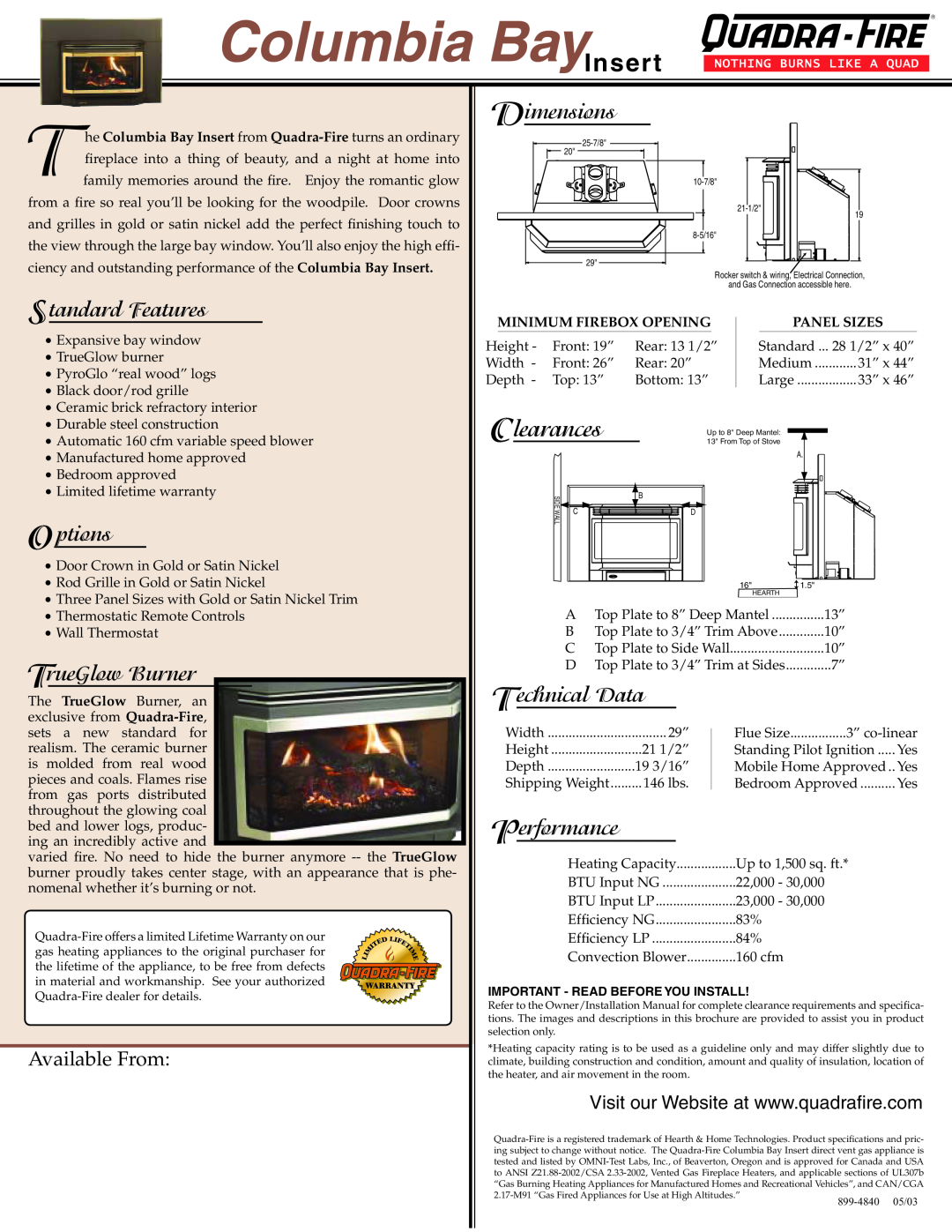 Hearth and Home Technologies Columbia Bay Insert Columbia BayInsert, Clearances, Standard Features, O ptions, Dimensions 