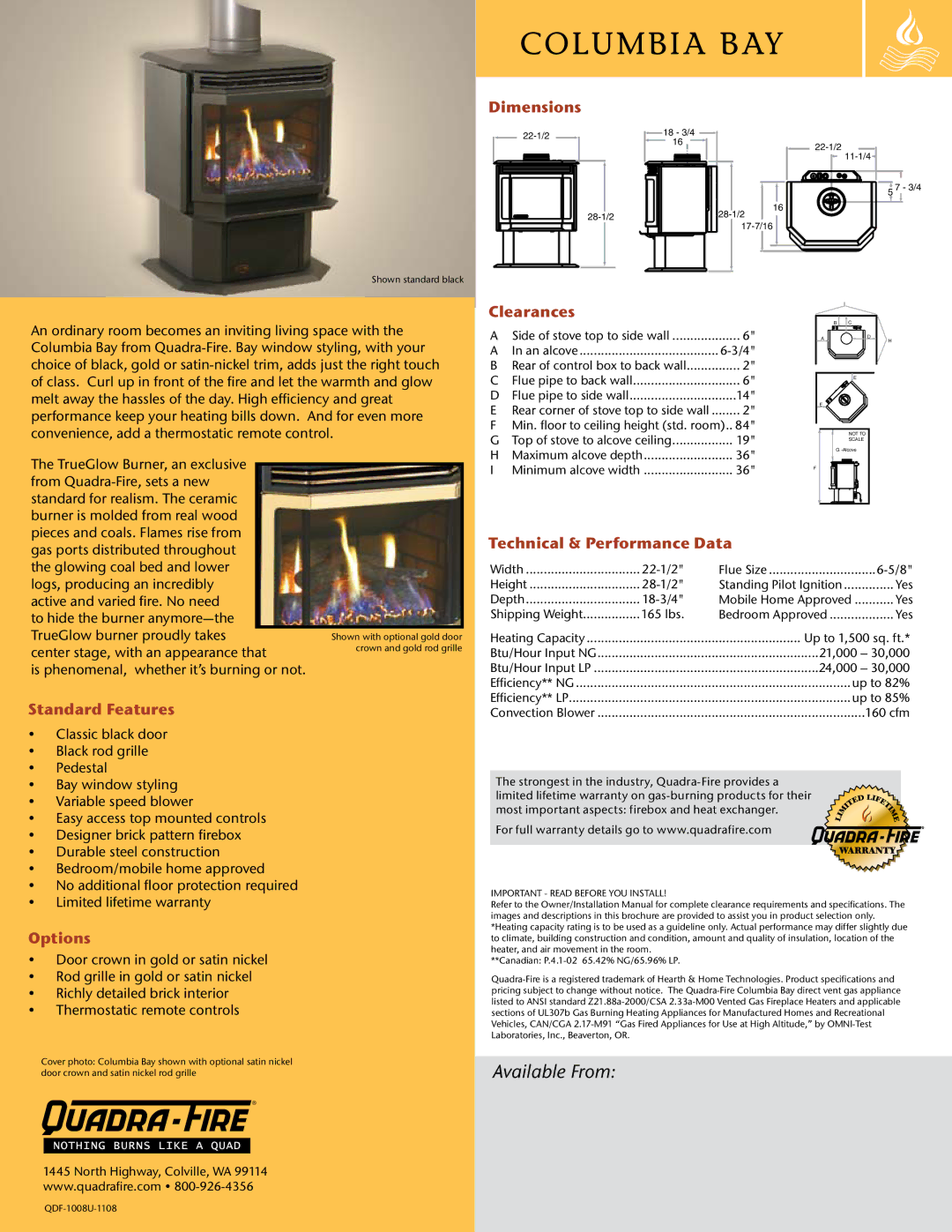 Hearth and Home Technologies Columbia Bay Dimensions, Clearances, Technical & Performance Data, Standard Features, Options 