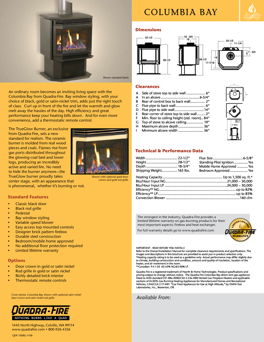 Hearth and Home Technologies Columbia Bay Available From, Dimensions, Clearances, Technical & Performance Data, Options 