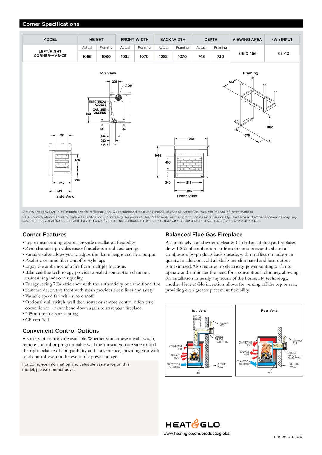 Hearth and Home Technologies CORNER-HVB-CE manual Corner Specifications, Corner Features, Balanced Flue Gas Fireplace 