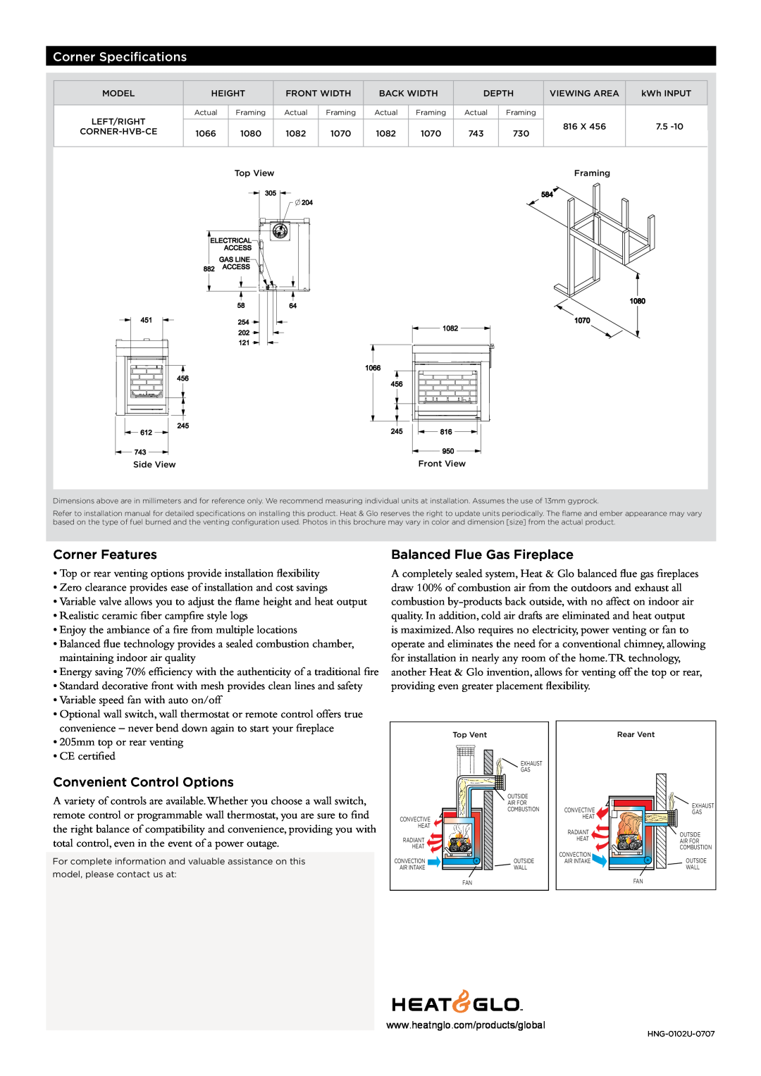 Hearth and Home Technologies CORNER-HVB-CE manual Corner Specifications, Corner Features, Balanced Flue Gas Fireplace 