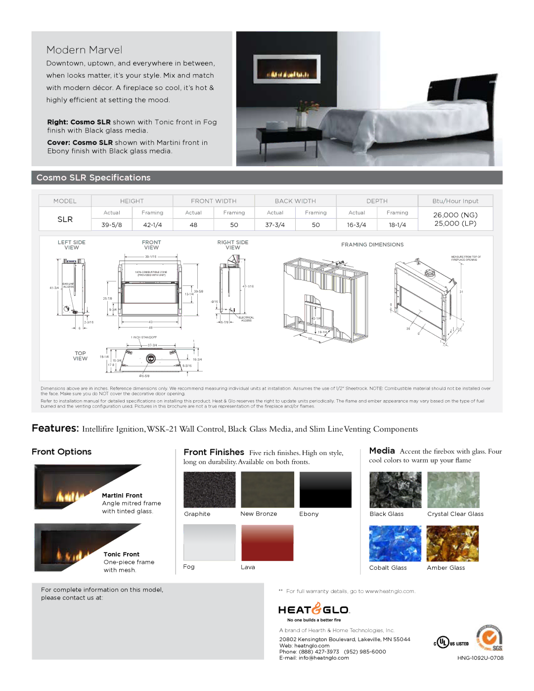 Hearth and Home Technologies manual Modern Marvel, Cosmo SLR Specifications, Front Options, Slr 