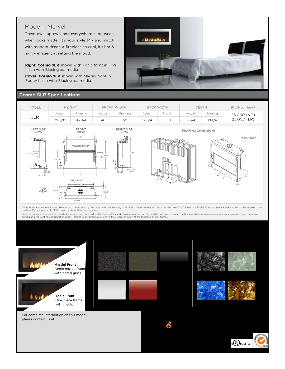 Hearth and Home Technologies manual Modern Marvel, Cosmo SLR Specifications, Front Options 