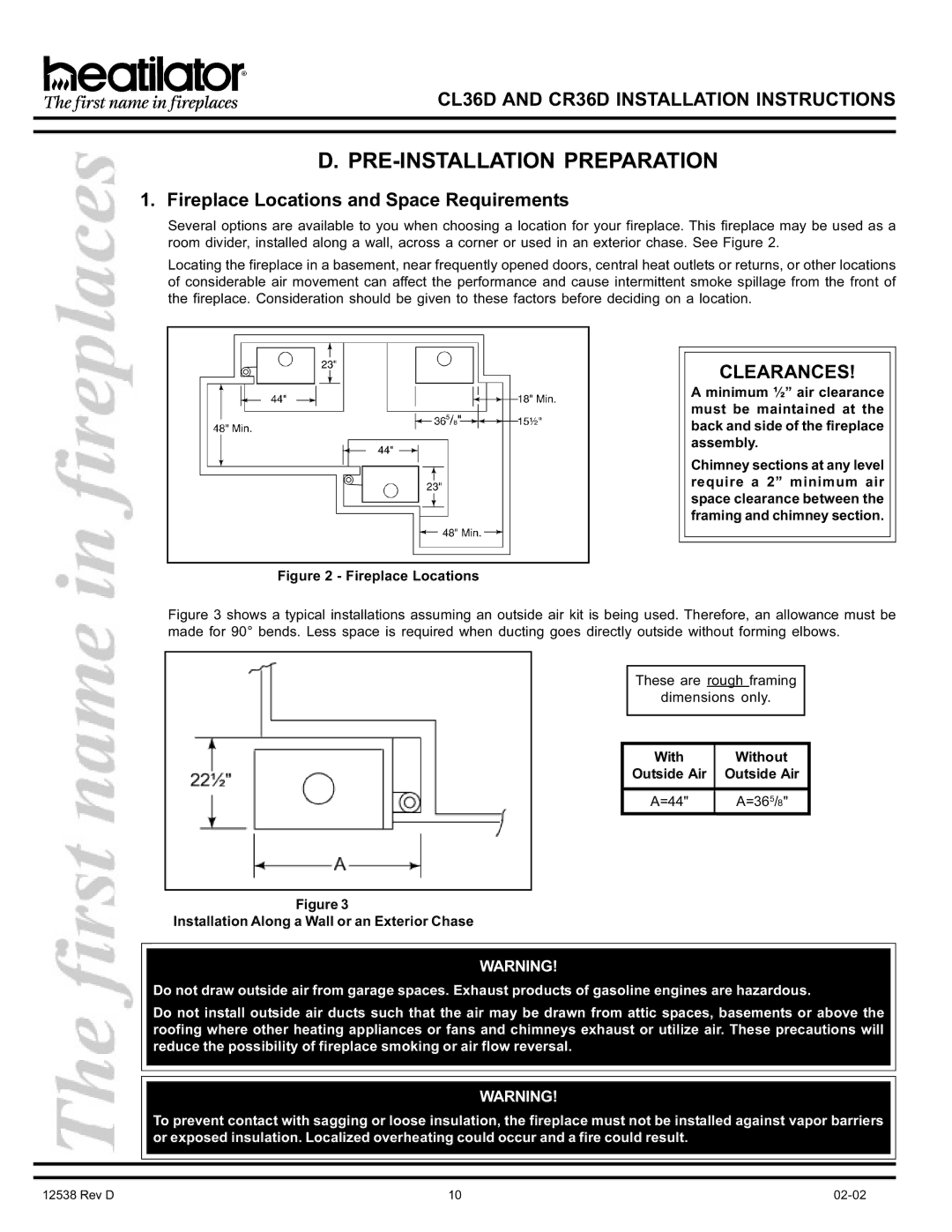 Hearth and Home Technologies CR36D, CL36D manual PRE-INSTALLATION Preparation, Fireplace Locations and Space Requirements 