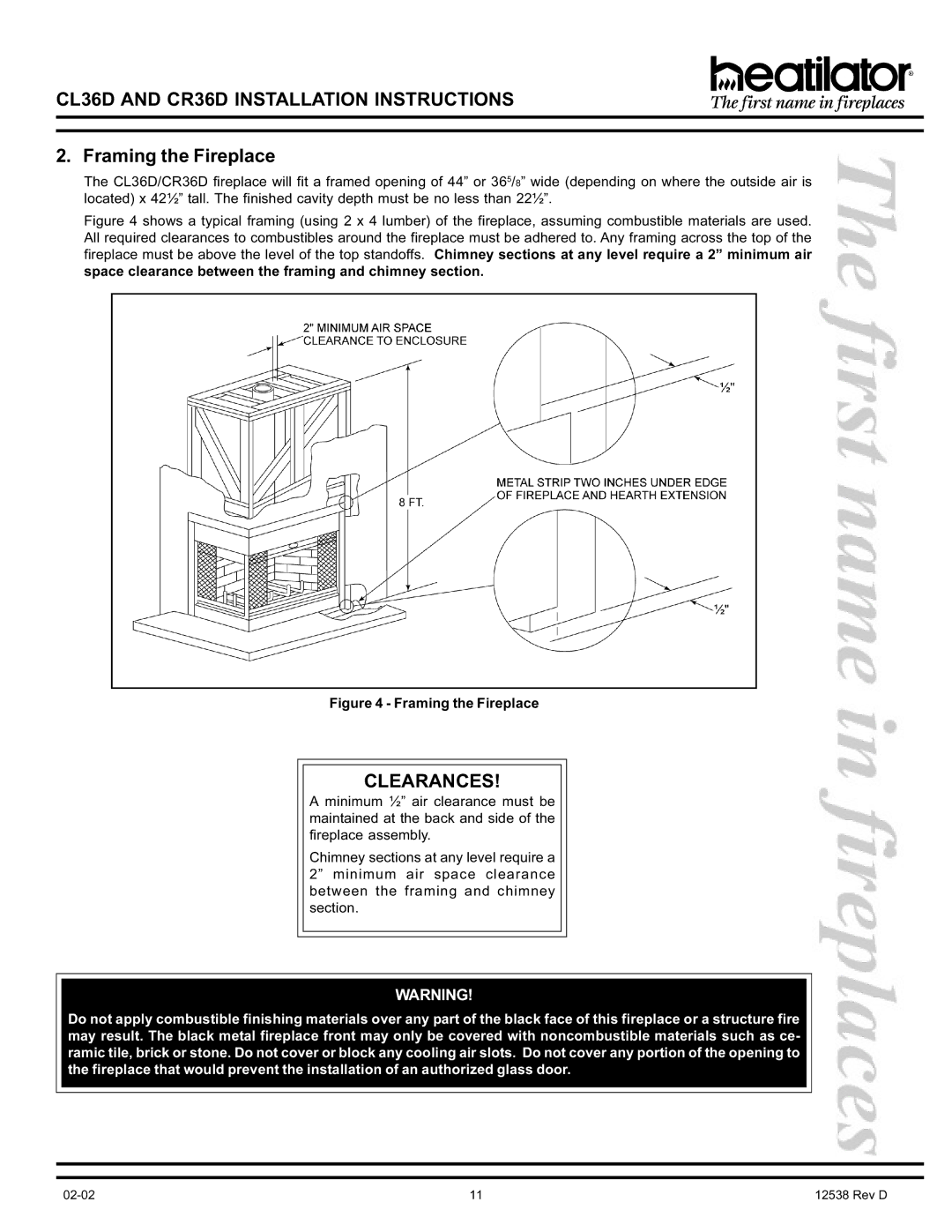 Hearth and Home Technologies CL36D, CR36D manual Framing the Fireplace 