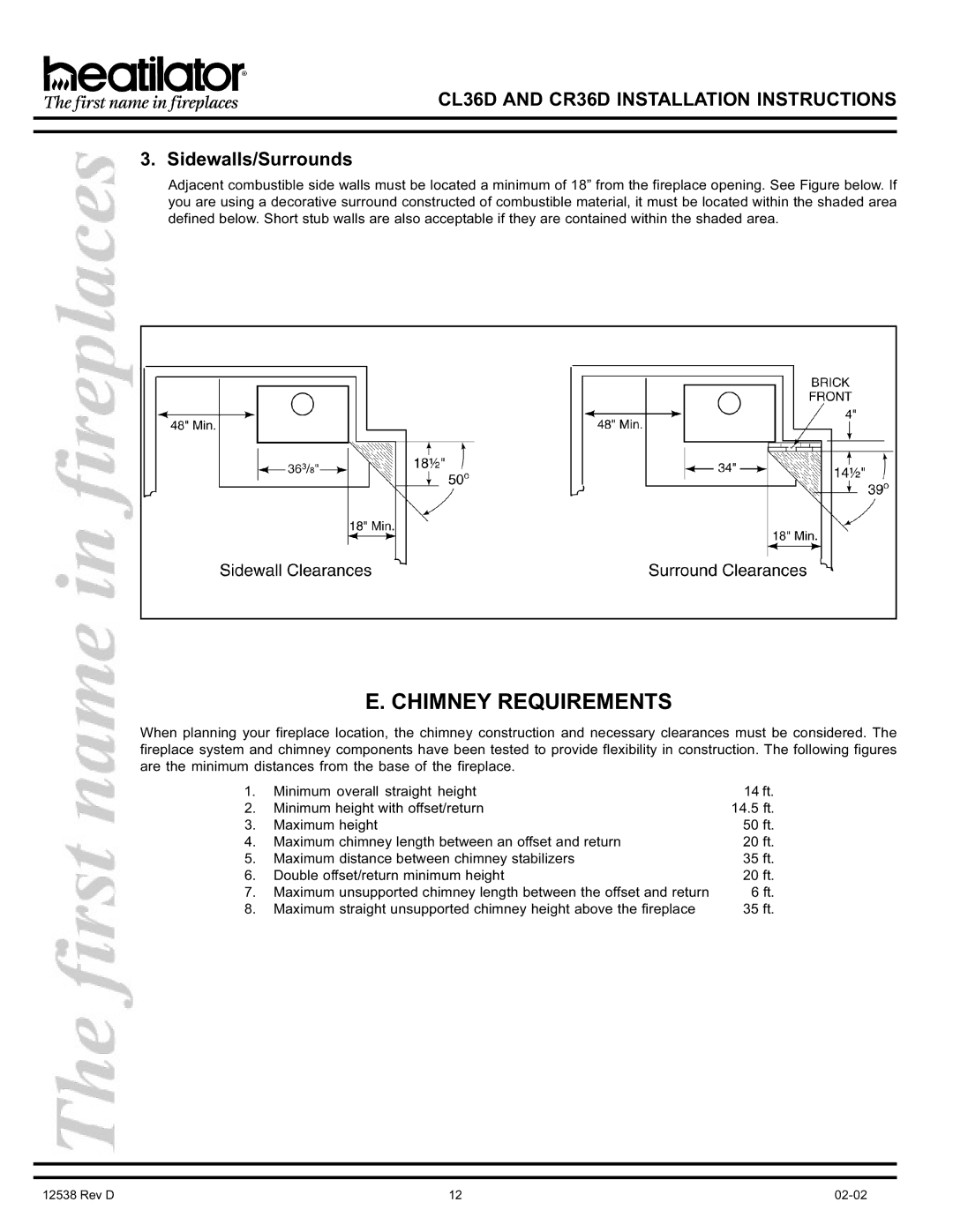 Hearth and Home Technologies CR36D, CL36D manual Chimney Requirements, Sidewalls/Surrounds 