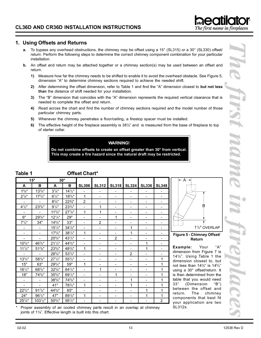 Hearth and Home Technologies CL36D, CR36D Using Offsets and Returns, Offset Chart, SL306 SL312 SL318 SL324 SL336 SL348 