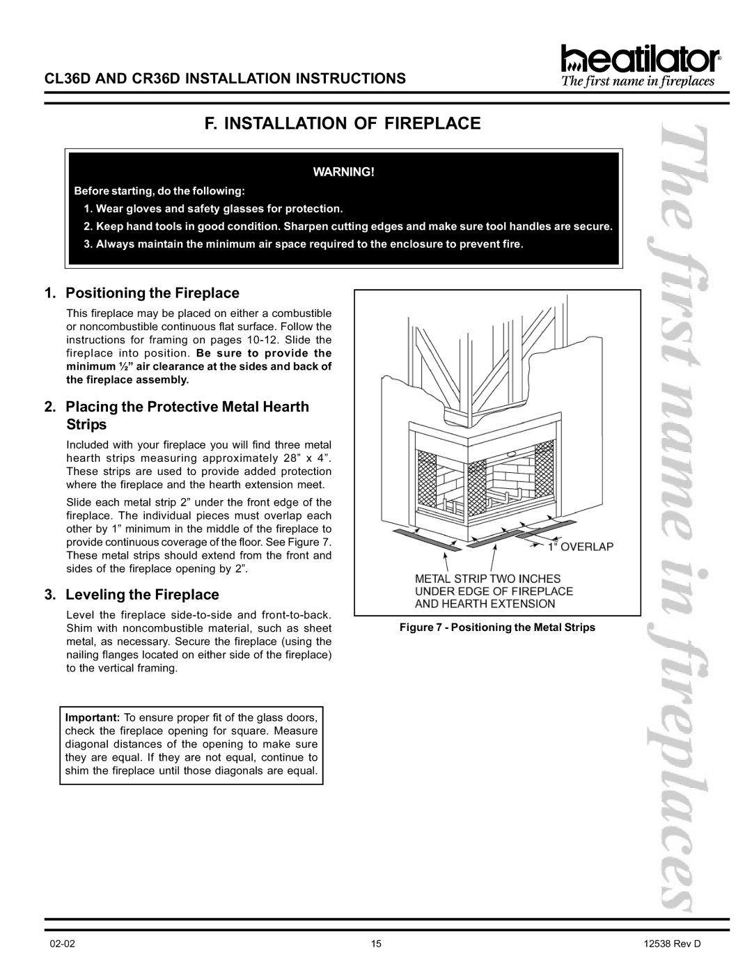 Hearth and Home Technologies CL36D, CR36D Installation of Fireplace, Positioning the Fireplace, Leveling the Fireplace 