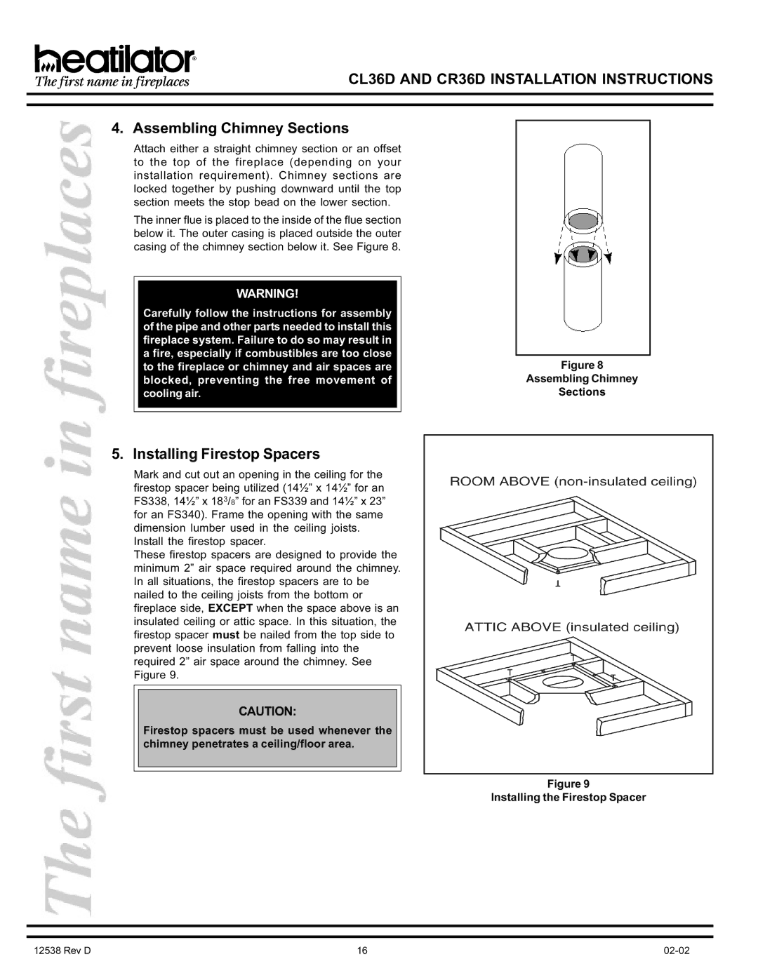 Hearth and Home Technologies CR36D, CL36D manual Assembling Chimney Sections, Installing Firestop Spacers 