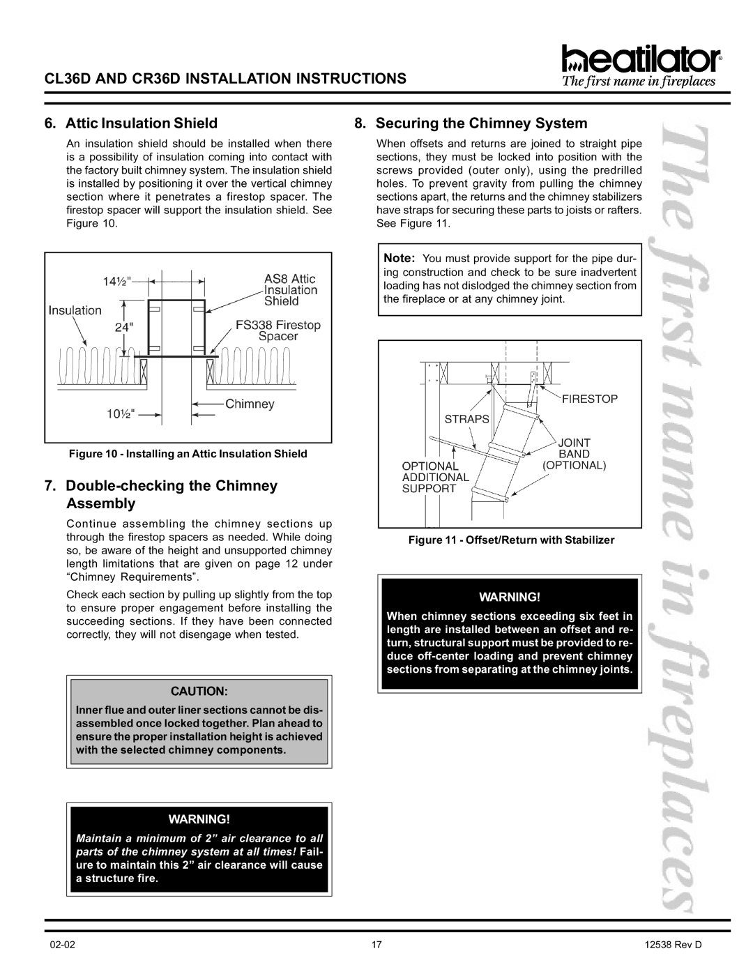 Hearth and Home Technologies CL36D, CR36D manual Attic Insulation Shield Securing the Chimney System 