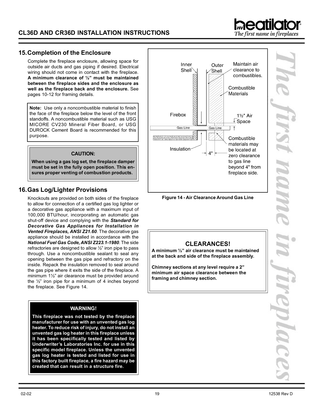 Hearth and Home Technologies CL36D, CR36D manual Completion of the Enclosure, Gas Log/Lighter Provisions 