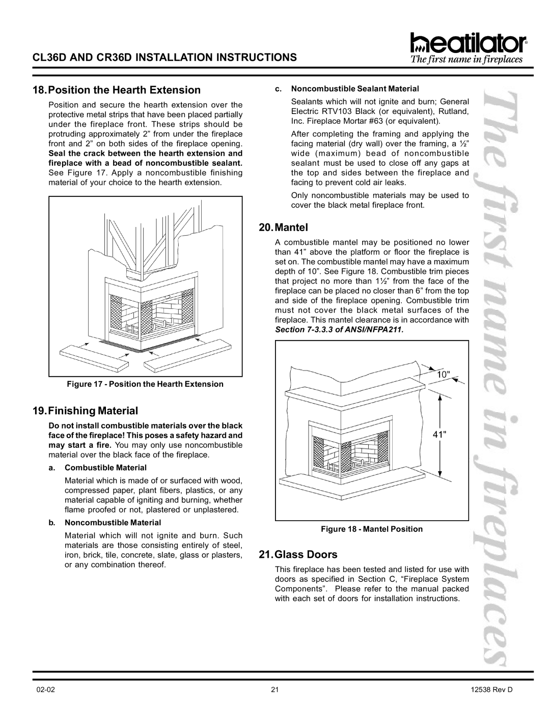 Hearth and Home Technologies CL36D, CR36D manual Position the Hearth Extension, Finishing Material, Mantel, Glass Doors 