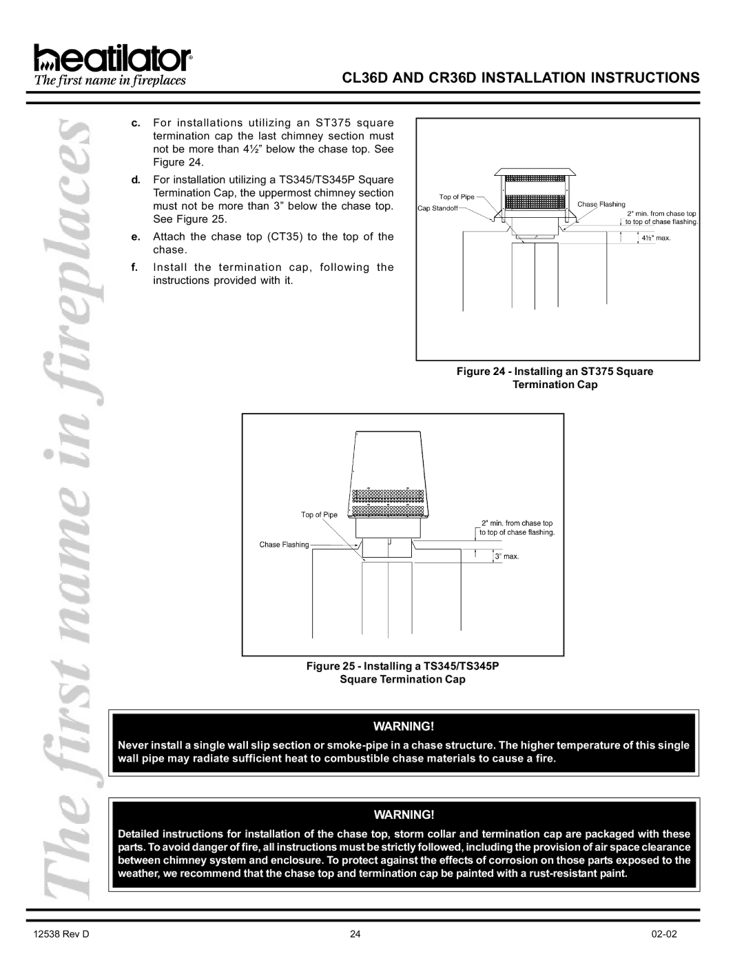 Hearth and Home Technologies CR36D, CL36D manual Installing an ST375 Square Termination Cap 