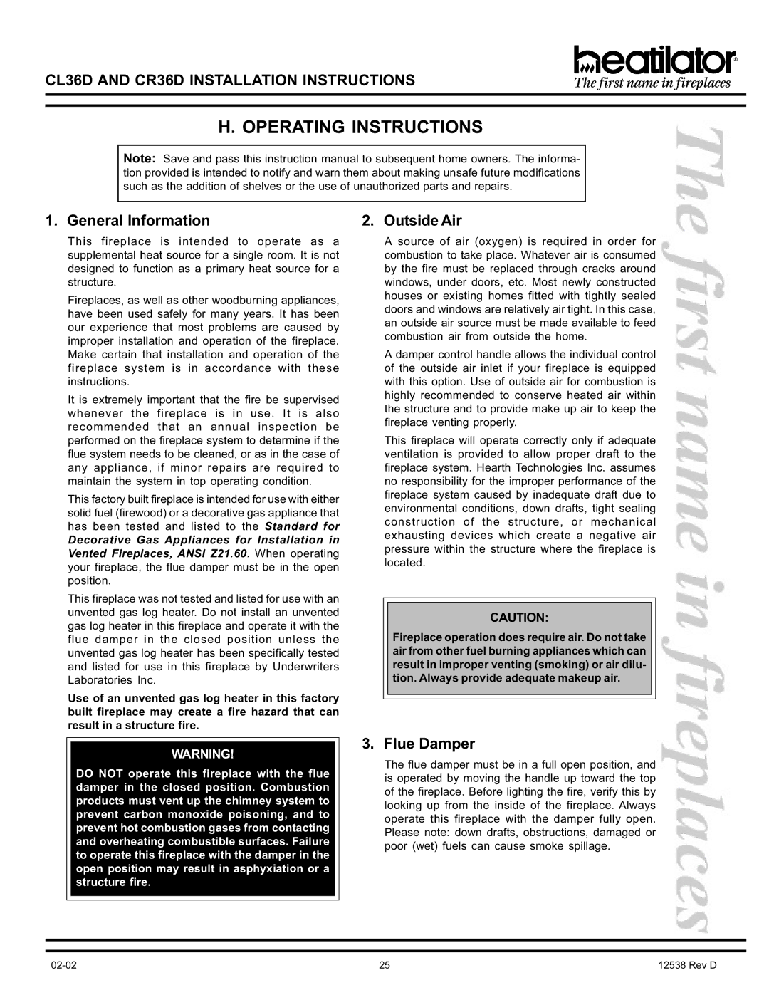 Hearth and Home Technologies CL36D, CR36D manual Operating Instructions, General Information, Outside Air, Flue Damper 