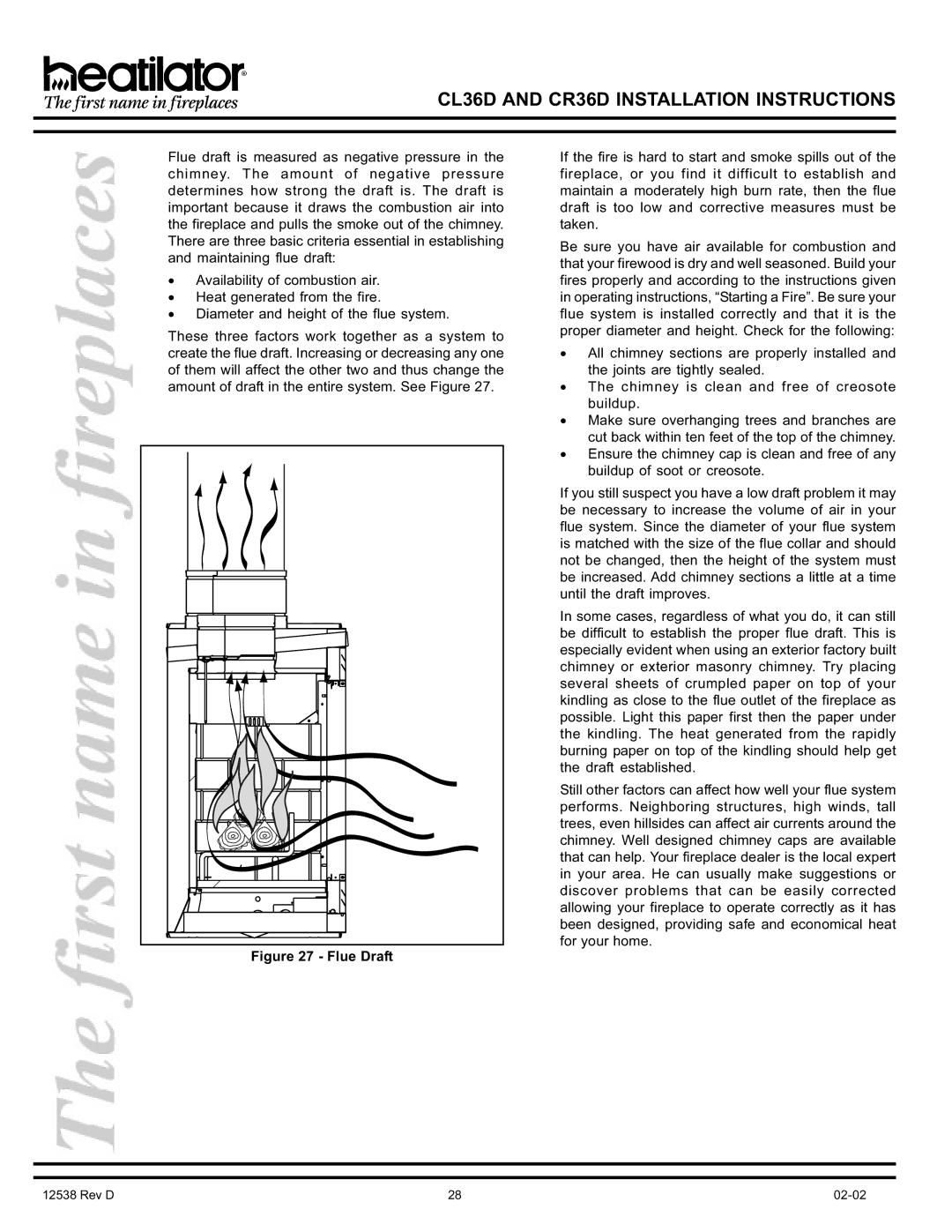 Hearth and Home Technologies CR36D, CL36D manual Flue Draft 