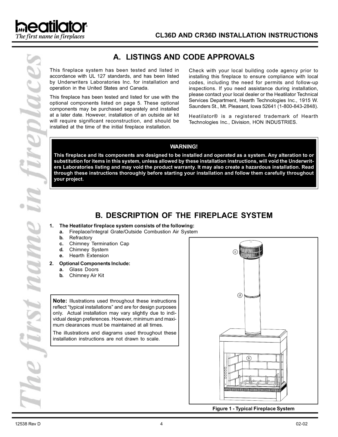 Hearth and Home Technologies CR36D, CL36D manual Listings and Code Approvals, Description of the Fireplace System 