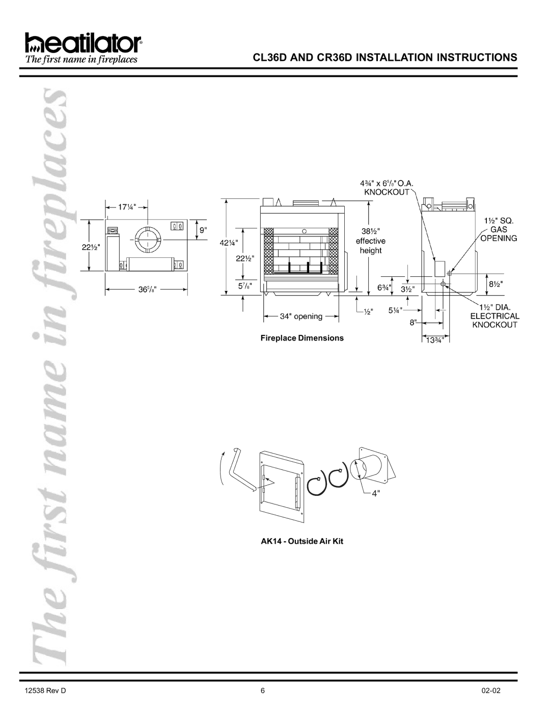 Hearth and Home Technologies CR36D, CL36D manual Fireplace Dimensions AK14 Outside Air Kit 