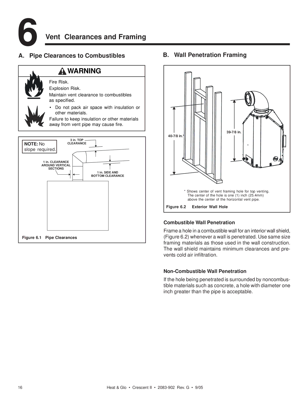 Hearth and Home Technologies Crescent II owner manual Vent Clearances and Framing, Combustible Wall Penetration 