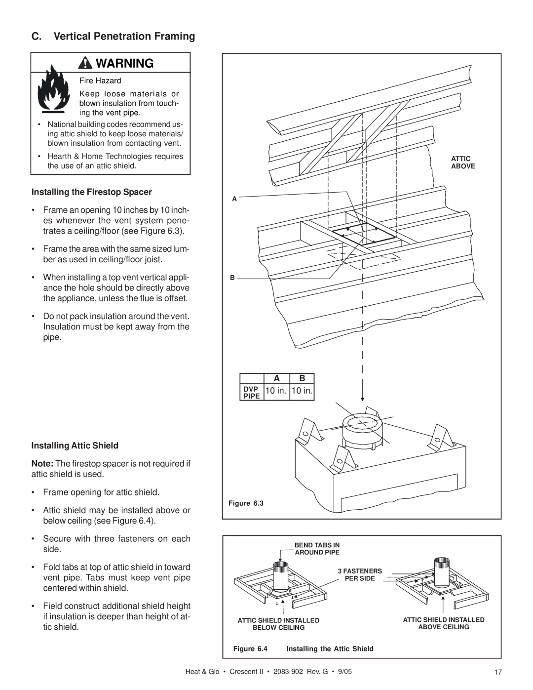 Hearth and Home Technologies Crescent II owner manual Vertical Penetration Framing, Installing the Firestop Spacer 