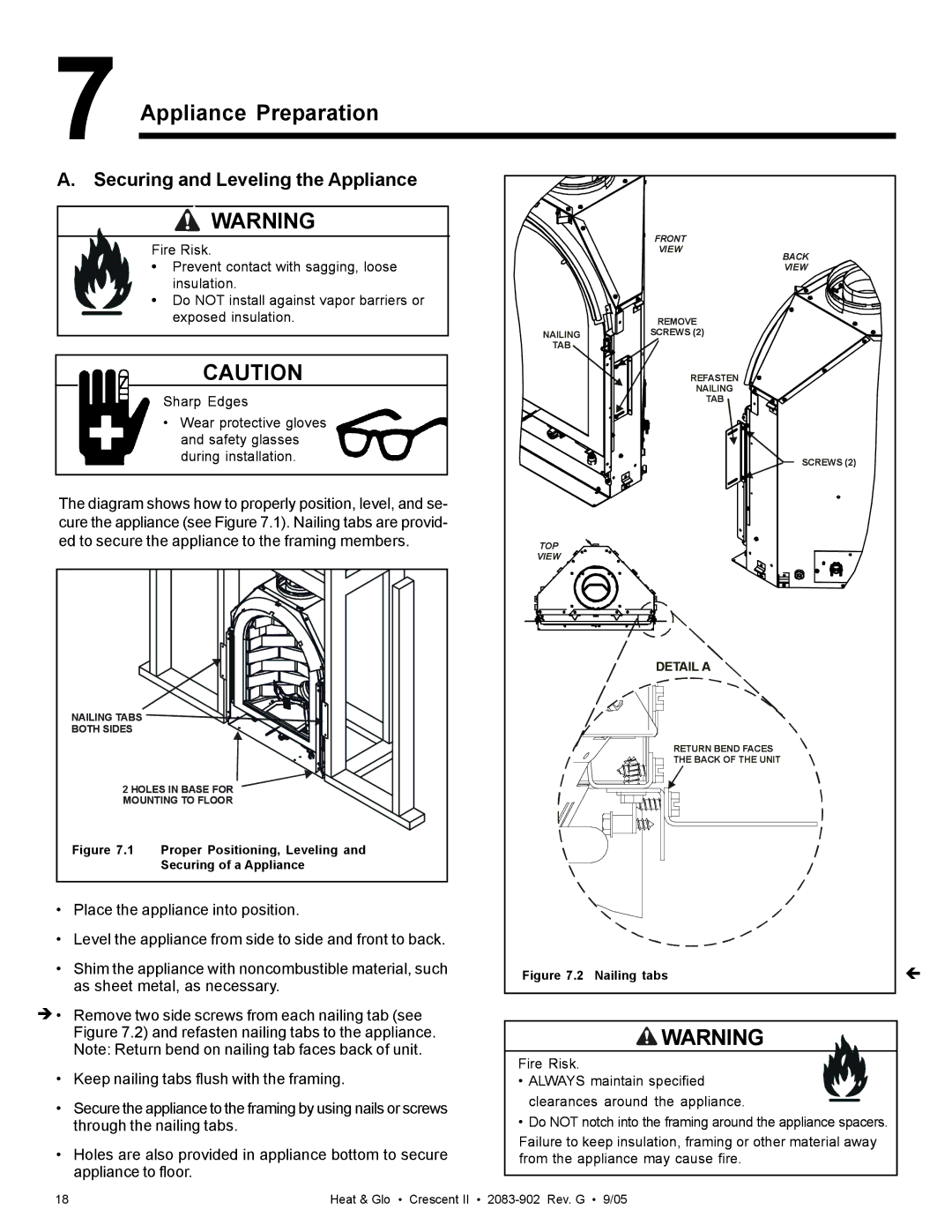 Hearth and Home Technologies Crescent II owner manual Appliance Preparation, Securing and Leveling the Appliance 