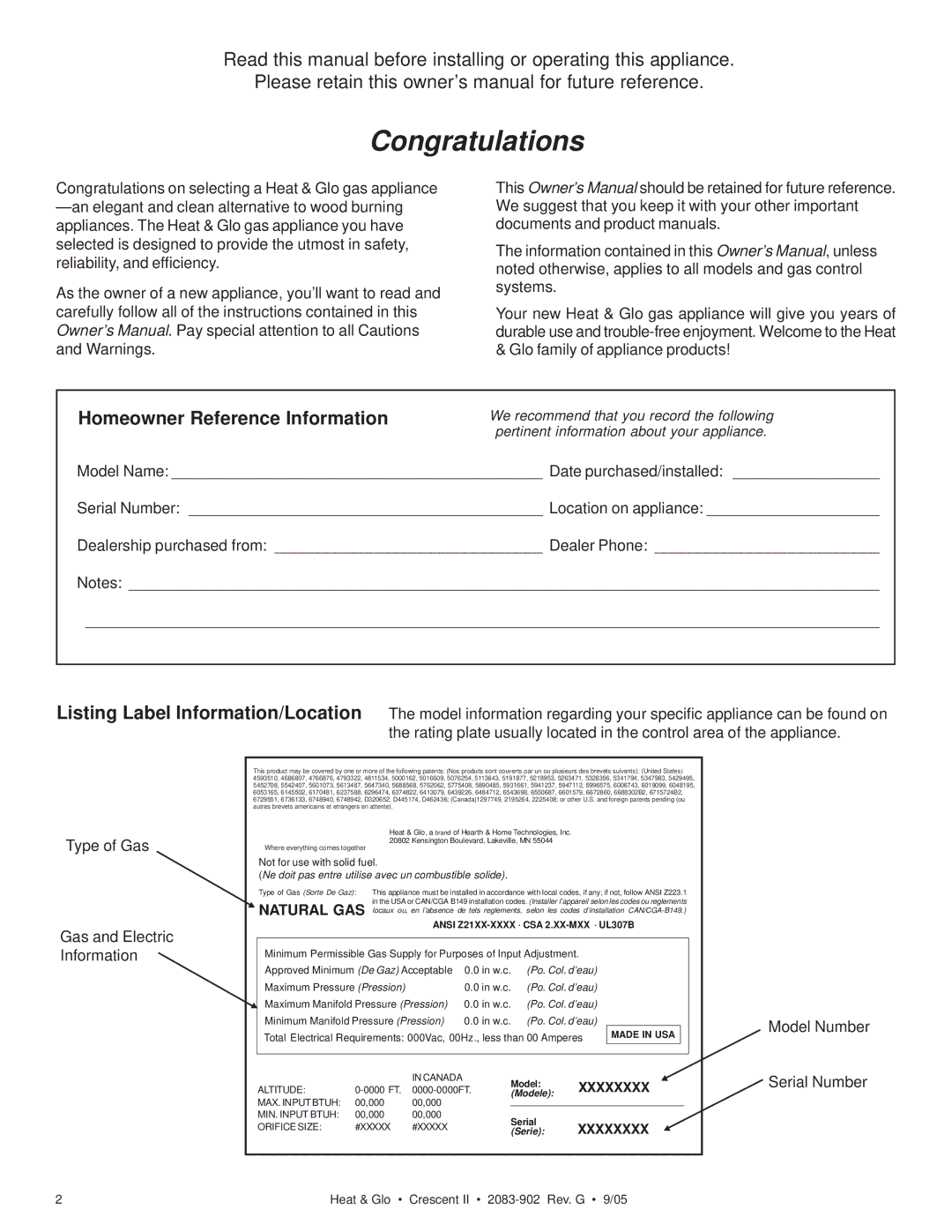 Hearth and Home Technologies Crescent II owner manual Congratulations, Homeowner Reference Information 