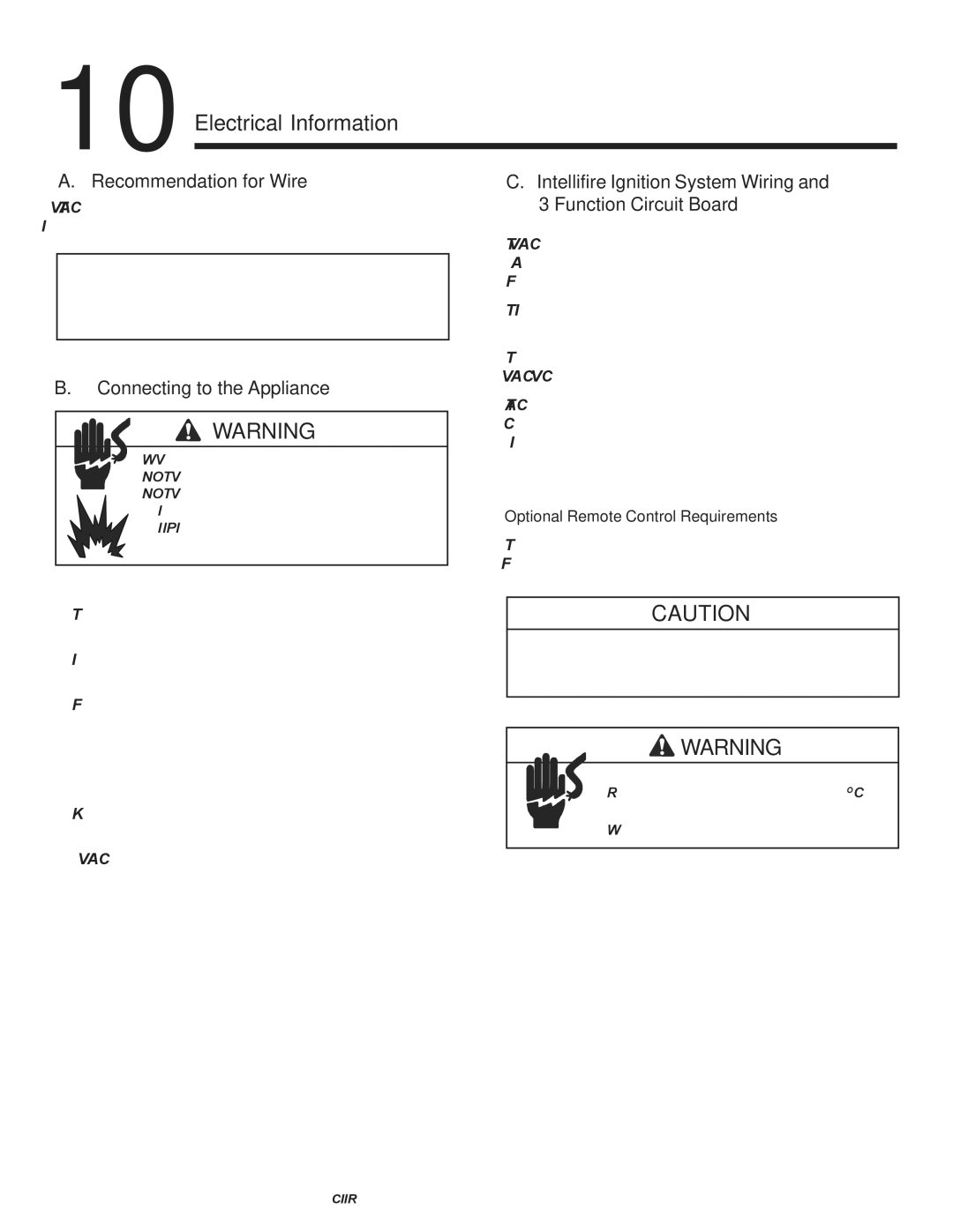 Hearth and Home Technologies Crescent II Electrical Information, Recommendation for Wire, Connecting to the Appliance 