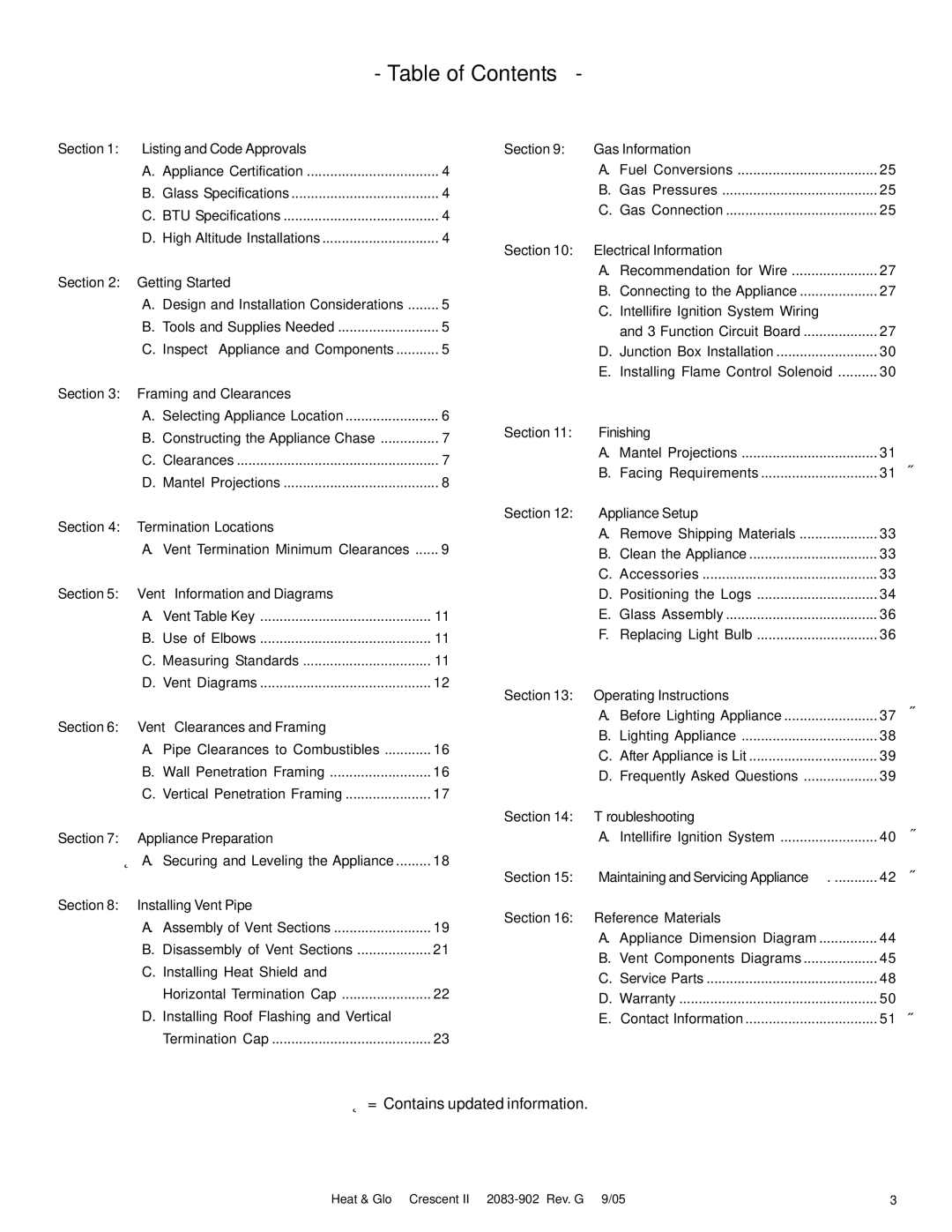 Hearth and Home Technologies Crescent II owner manual Table of Contents 