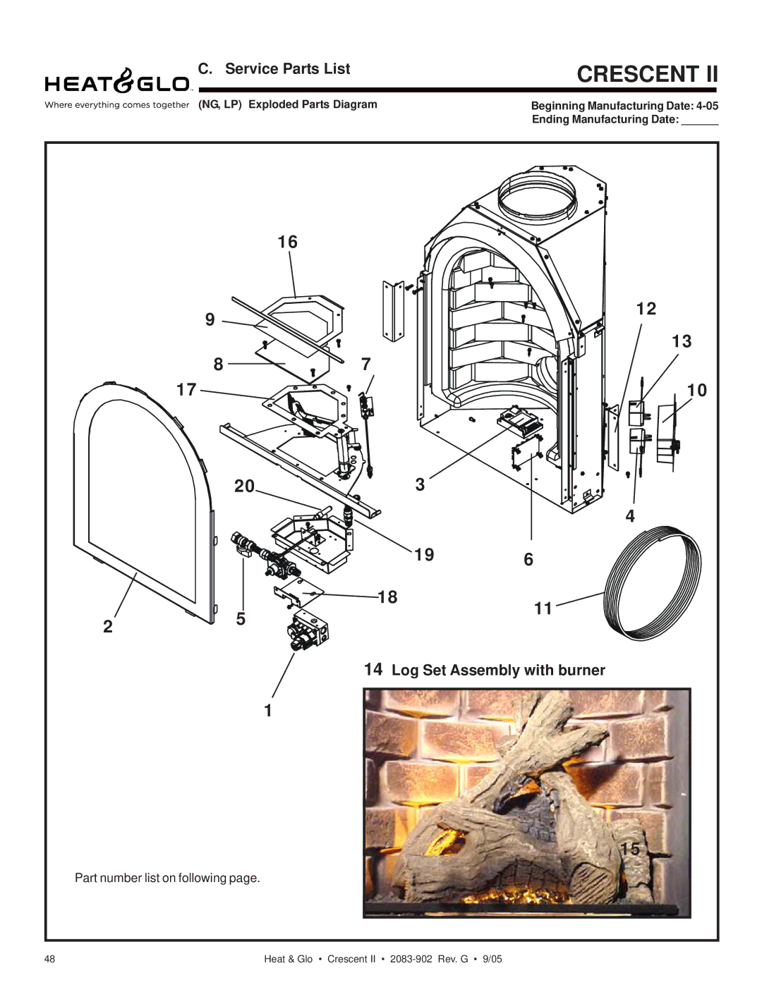 Hearth and Home Technologies Crescent II owner manual 203, Service Parts List, Log Set Assembly with burner 