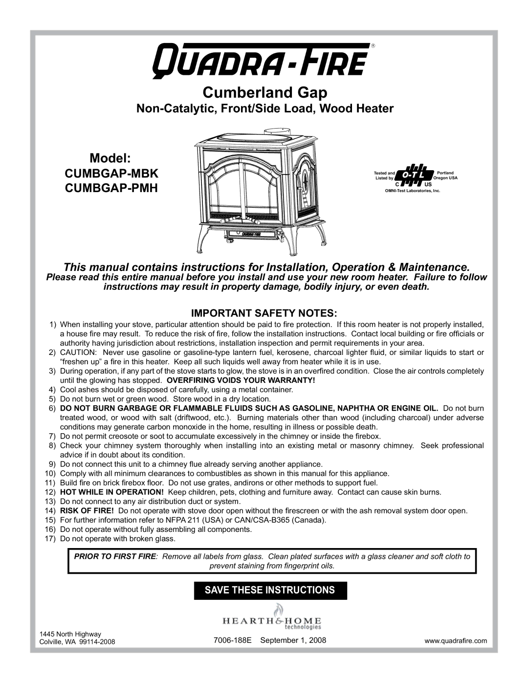 Hearth and Home Technologies CUMBGAP-PMH, CUMBGAP-MBK installation instructions Cumberland Gap, Cumbgap-Mbk Cumbgap-Pmh 