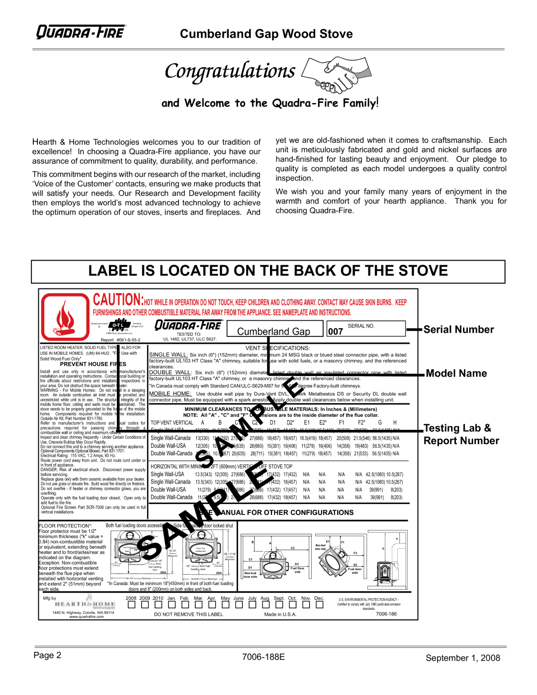 Hearth and Home Technologies CUMBGAP-MBK, CUMBGAP-PMH installation instructions Cumberland Gap Wood Stove, Report Number 