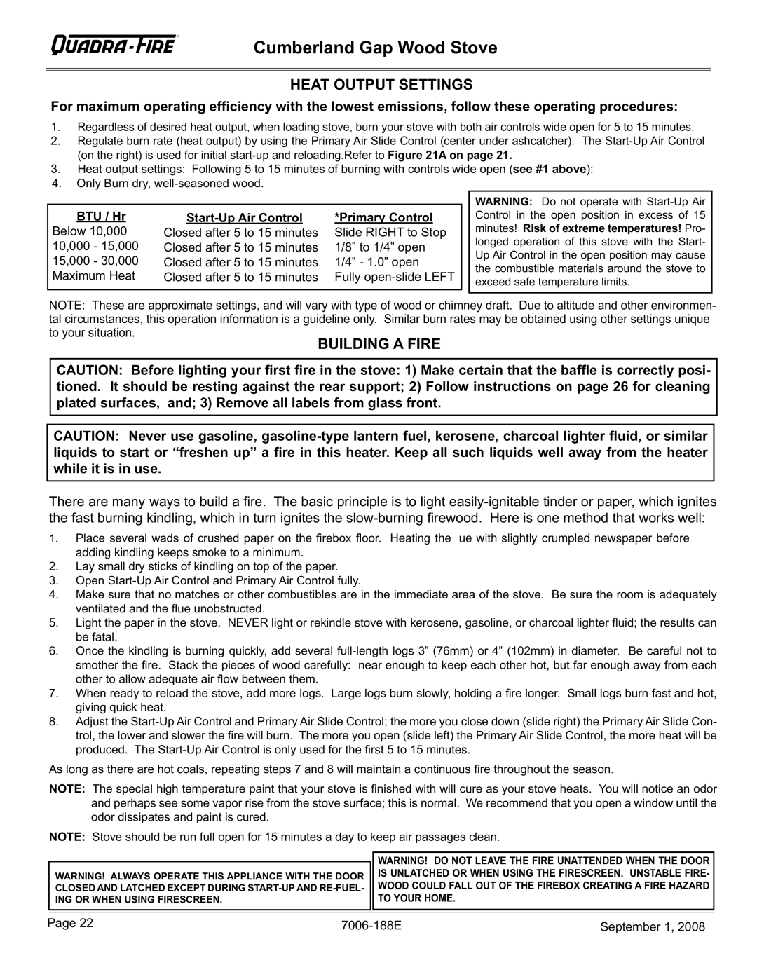 Hearth and Home Technologies CUMBGAP-MBK, CUMBGAP-PMH installation instructions Heat Output Settings, Building a Fire 