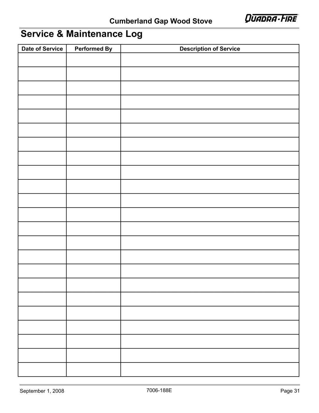 Hearth and Home Technologies CUMBGAP-PMH Service & Maintenance Log, Date of Service Performed By Description of Service 