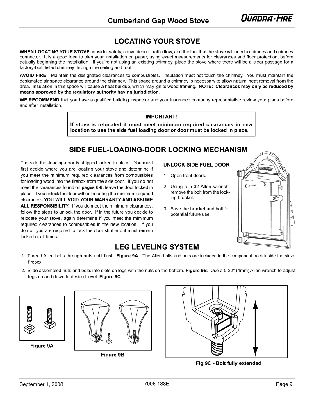 Hearth and Home Technologies CUMBGAP-PMH, CUMBGAP-MBK Locating Your Stove, Side FUEL-LOADING-DOOR Locking Mechanism 