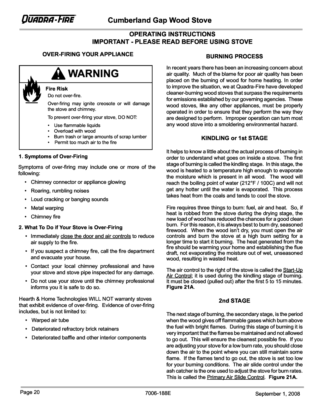 Hearth and Home Technologies CUMBGAP-MBK Operating Instructions Important - Please Read Before Using Stove, Fire Risk 