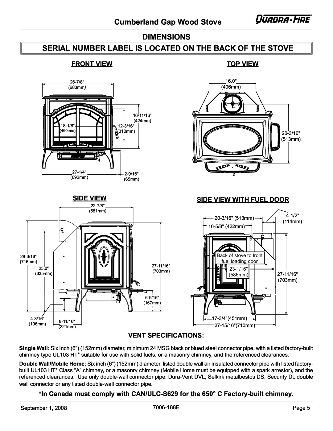 Hearth and Home Technologies CUMBGAP-PMH Cumberland Gap Wood Stove DIMENSIONS, Front View, Top View, Side View 