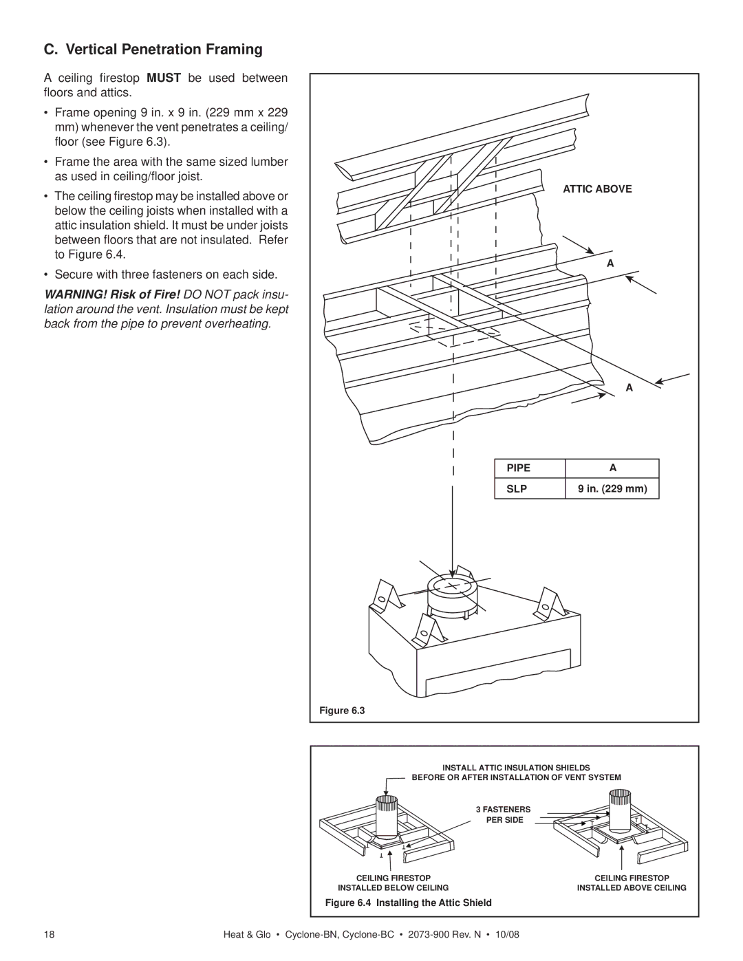 Hearth and Home Technologies Cyclone-BC, Cyclone-BN owner manual Vertical Penetration Framing, Pipe SLP 