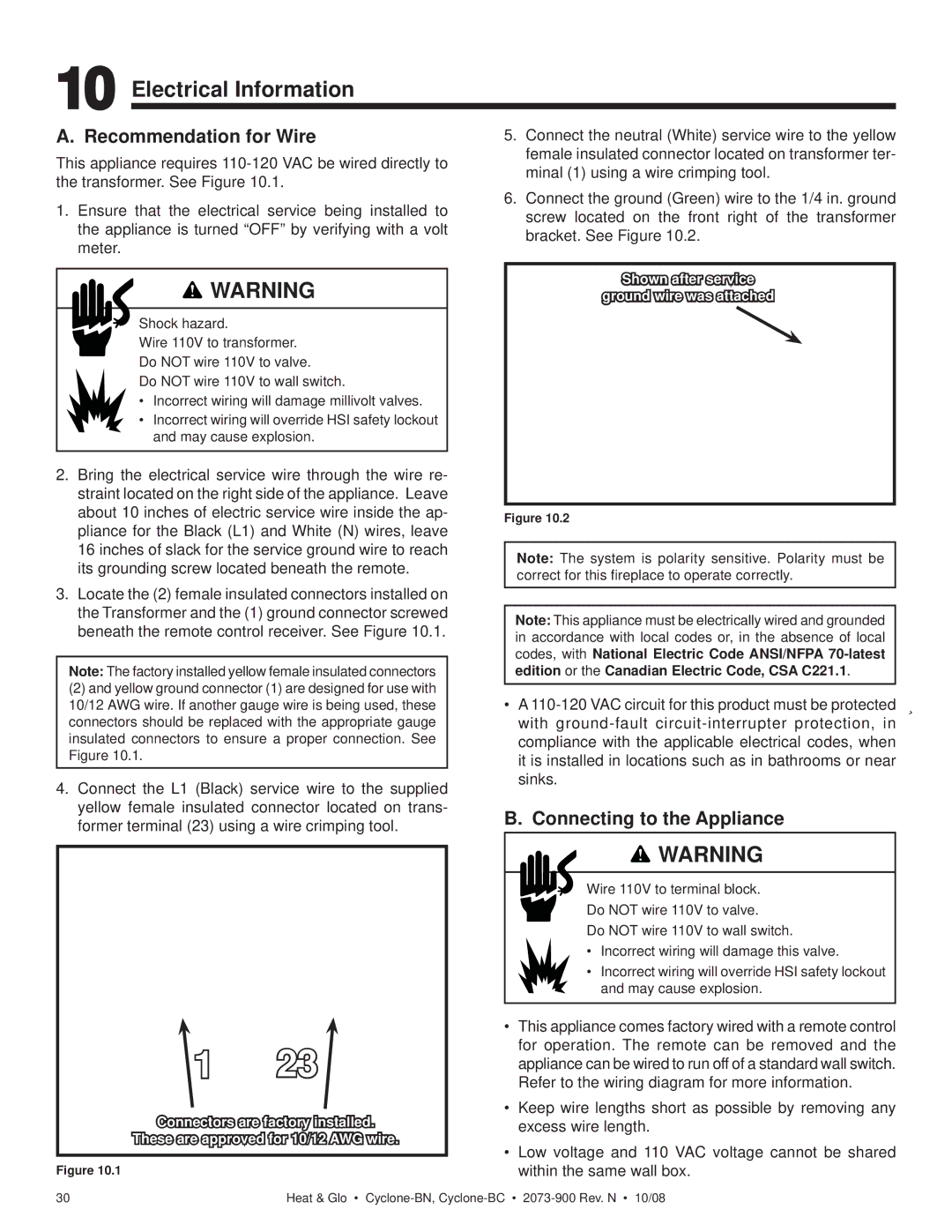 Hearth and Home Technologies Cyclone-BC Electrical Information, Recommendation for Wire, Connecting to the Appliance 