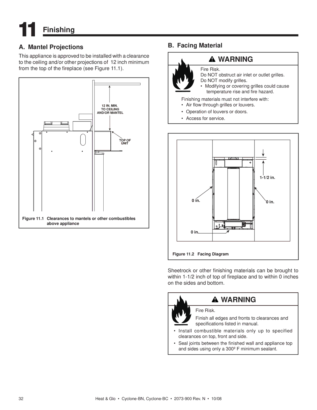 Hearth and Home Technologies Cyclone-BC, Cyclone-BN owner manual Finishing, Facing Material 
