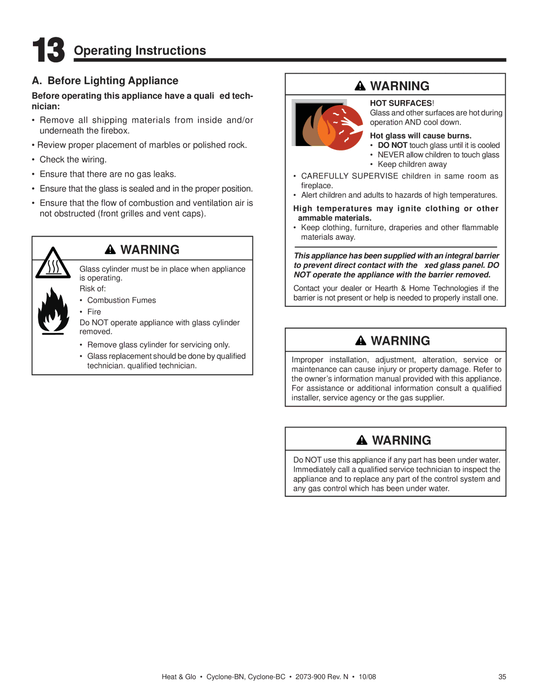 Hearth and Home Technologies Cyclone-BN, Cyclone-BC owner manual Operating Instructions, Before Lighting Appliance 
