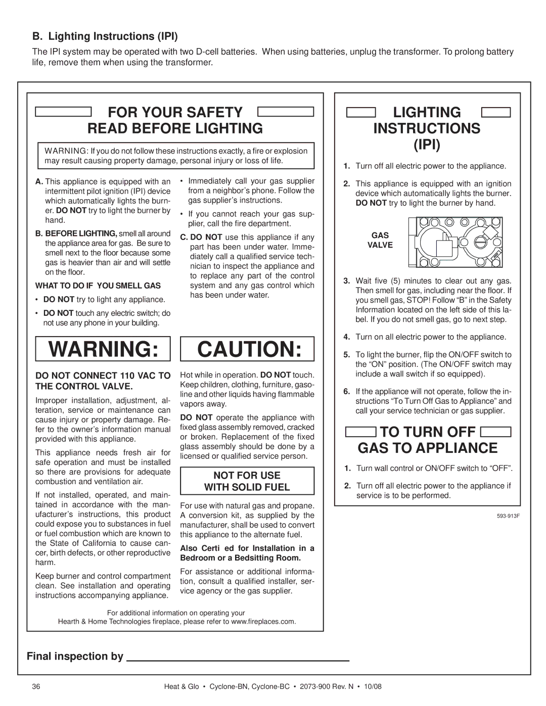 Hearth and Home Technologies Cyclone-BC, Cyclone-BN owner manual Lighting Instructions IPI, Final inspection by 