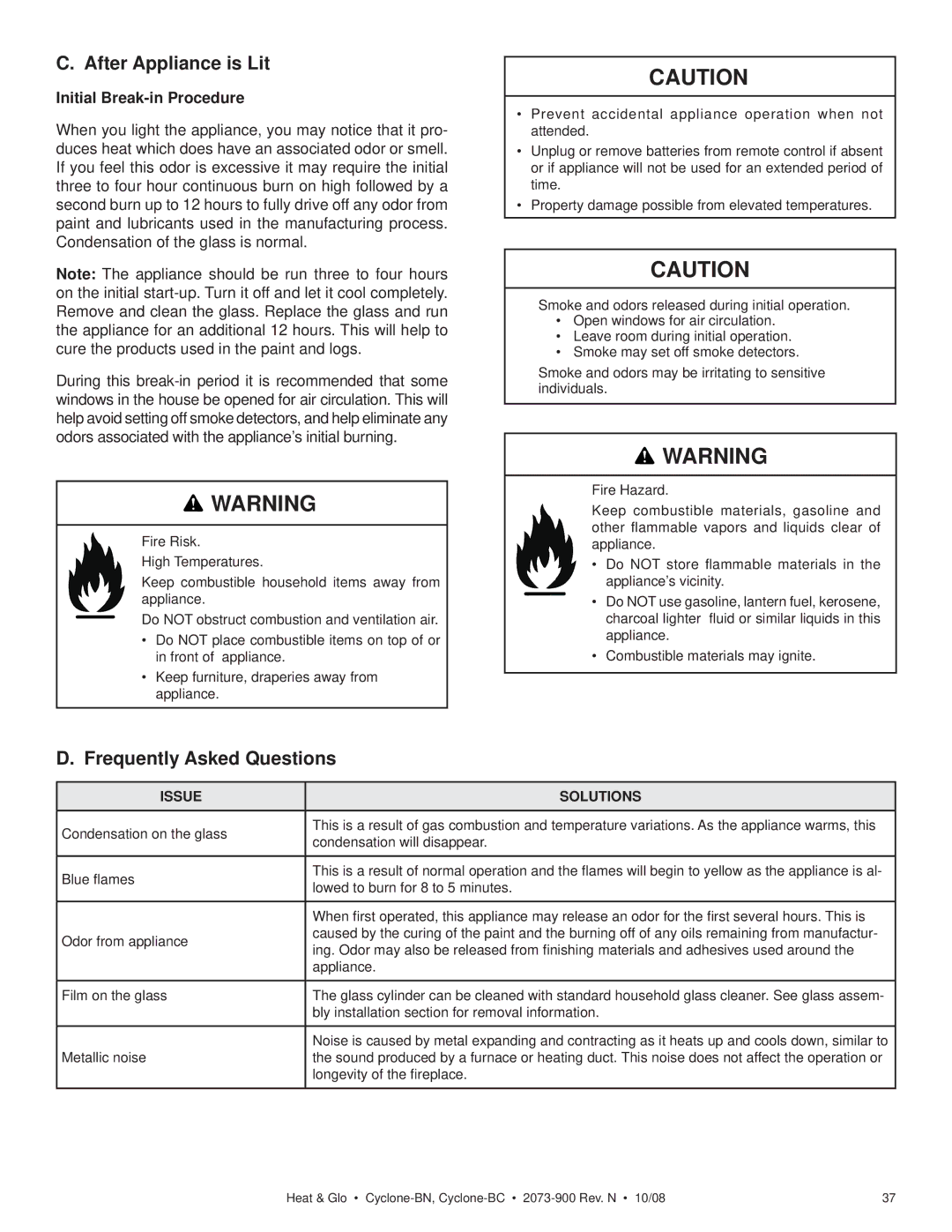 Hearth and Home Technologies Cyclone-BN After Appliance is Lit, Frequently Asked Questions, Initial Break-in Procedure 