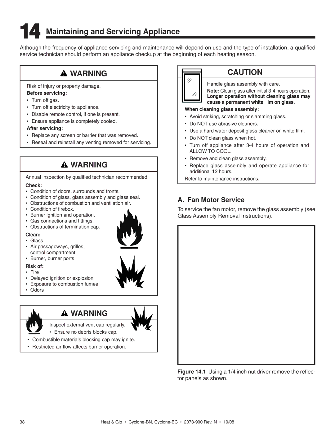 Hearth and Home Technologies Cyclone-BC, Cyclone-BN owner manual Maintaining and Servicing Appliance, Fan Motor Service 