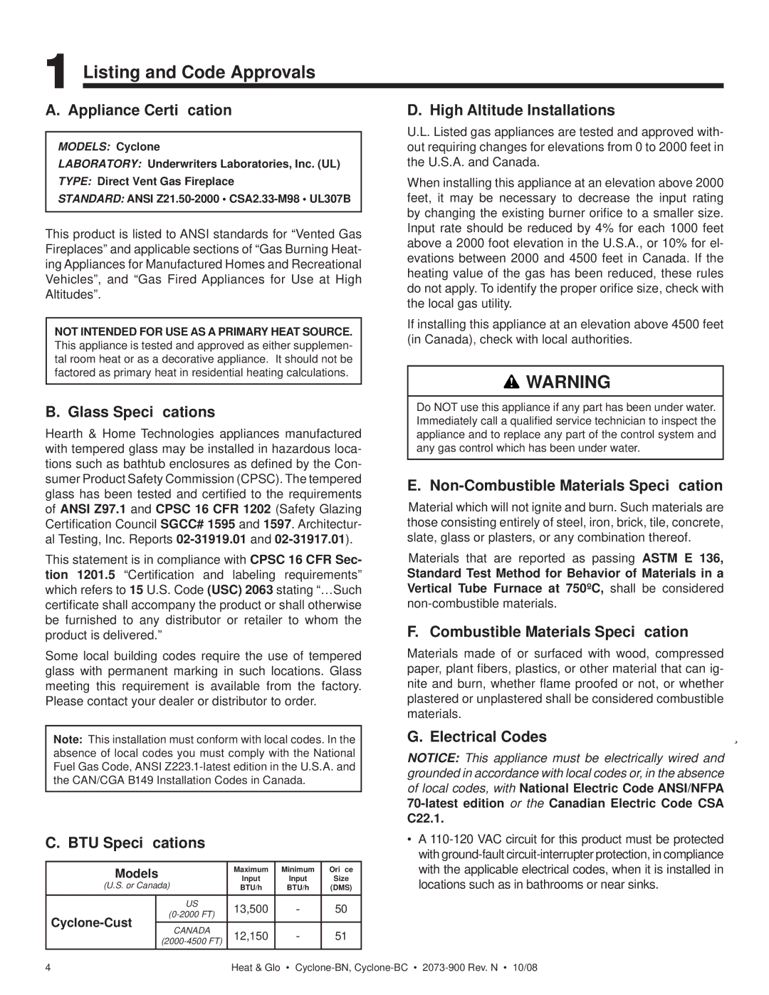 Hearth and Home Technologies Cyclone-BC, Cyclone-BN owner manual Listing and Code Approvals 