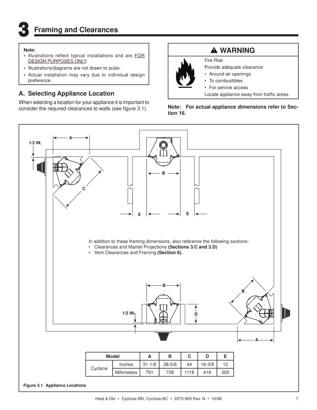 Hearth and Home Technologies Cyclone-BN, Cyclone-BC owner manual Framing and Clearances, Selecting Appliance Location, Model 