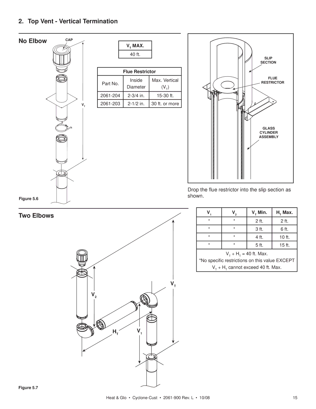 Hearth and Home Technologies Cyclone-Cust owner manual Top Vent Vertical Termination No Elbow, Flue Restrictor 