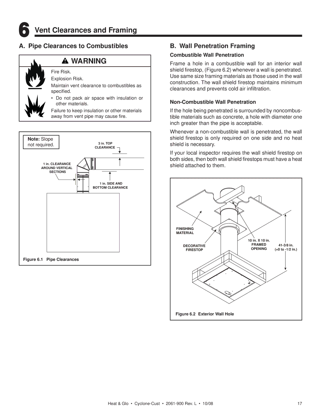 Hearth and Home Technologies Cyclone-Cust owner manual Vent Clearances and Framing, Pipe Clearances to Combustibles 