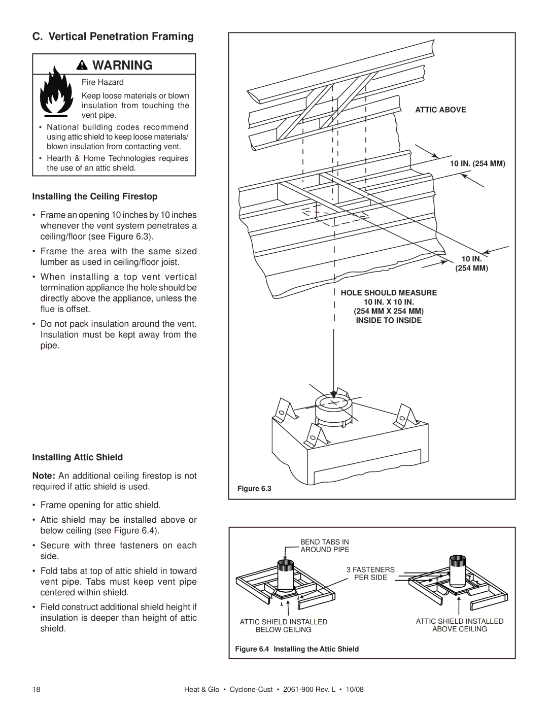 Hearth and Home Technologies Cyclone-Cust owner manual Vertical Penetration Framing, Installing the Ceiling Firestop 