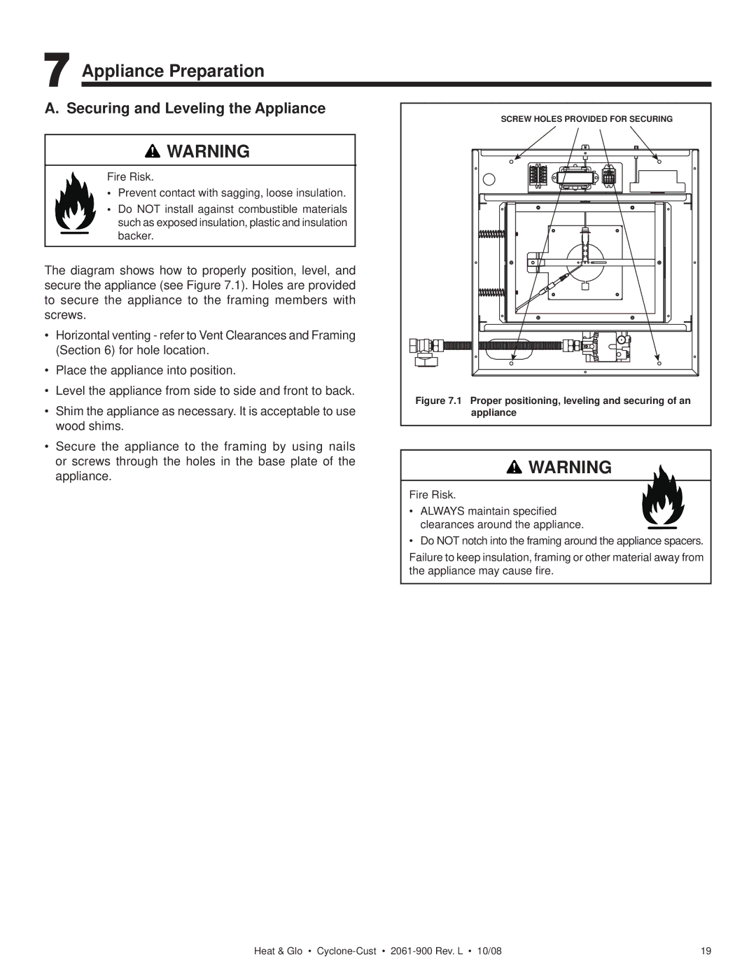 Hearth and Home Technologies Cyclone-Cust owner manual Appliance Preparation, Securing and Leveling the Appliance 