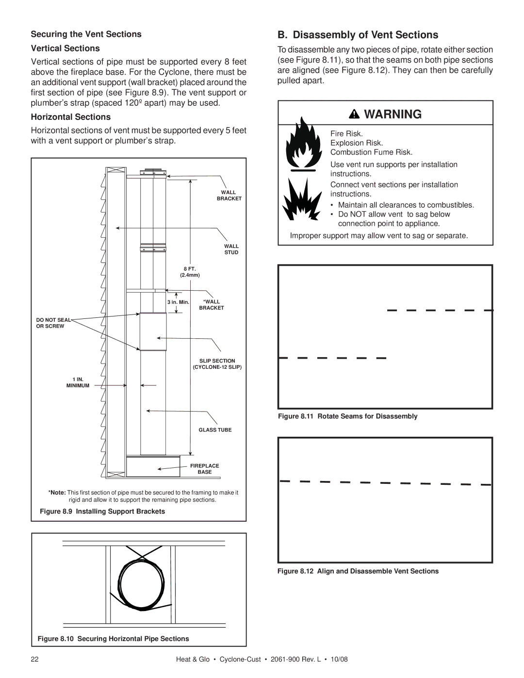 Hearth and Home Technologies Cyclone-Cust Disassembly of Vent Sections, Securing the Vent Sections Vertical Sections 