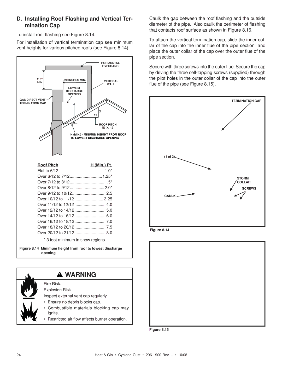 Hearth and Home Technologies Cyclone-Cust Installing Roof Flashing and Vertical Ter- mination Cap, Roof Pitch Min. Ft 